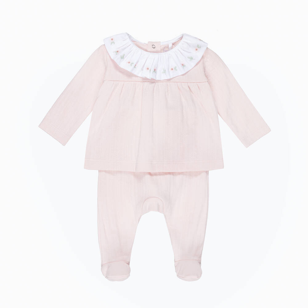 Laranjinha-Girls Pink Organic Cotton 2 Piece Collared Babygrow | Childrensalon