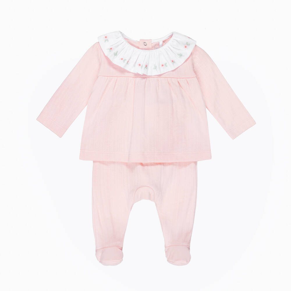 Laranjinha-Girls Pink Organic Cotton 2 Piece Collared Babygrow | Childrensalon
