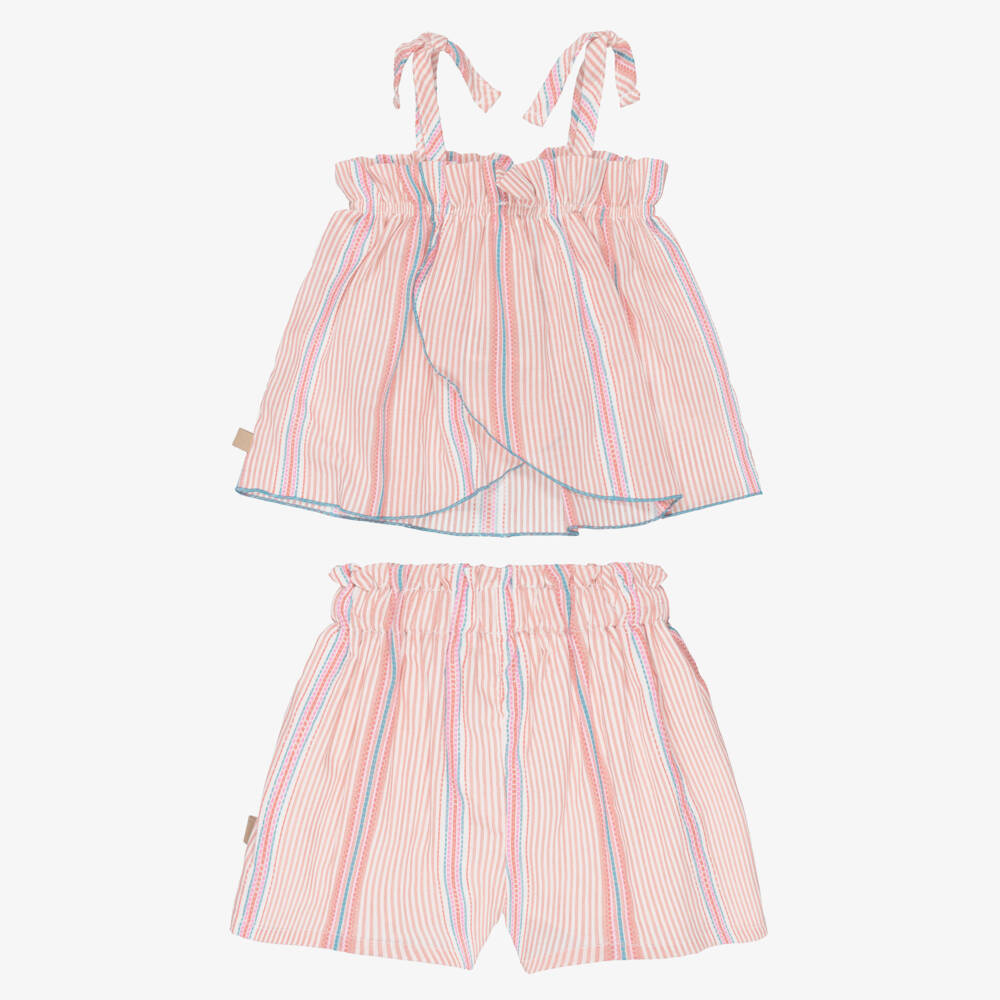 Laranjinha-Girls Pink Stripe Cotton Shorts Set | Childrensalon