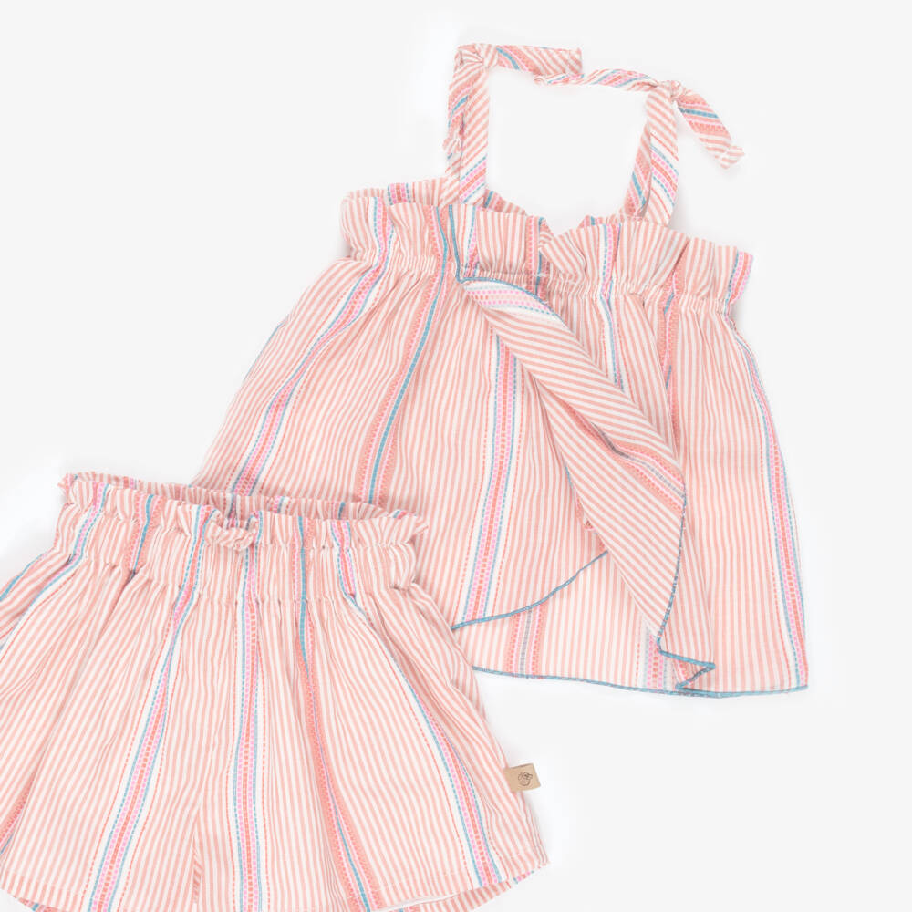 Laranjinha-Girls Pink Stripe Cotton Shorts Set | Childrensalon