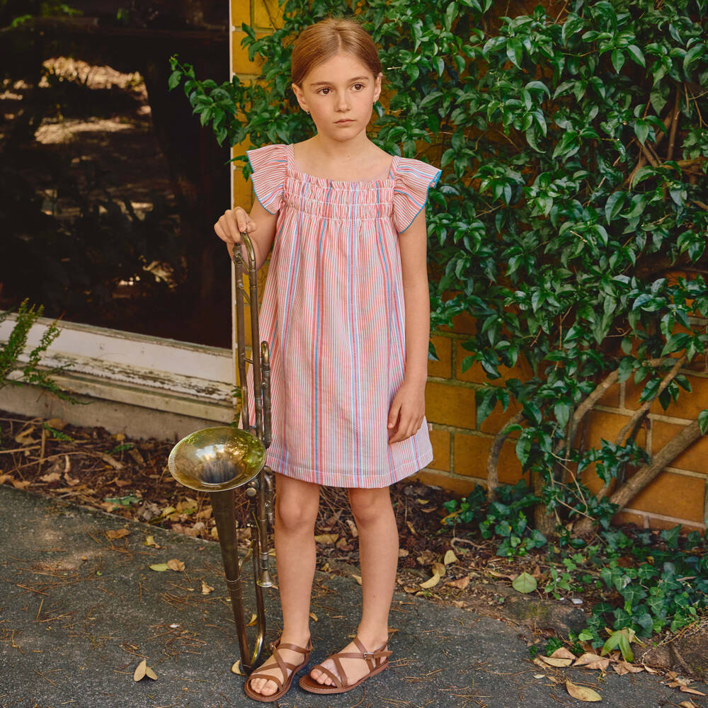 Laranjinha-Girls Pink Striped Cotton Dress with Ruffle Sleeves | Childrensalon