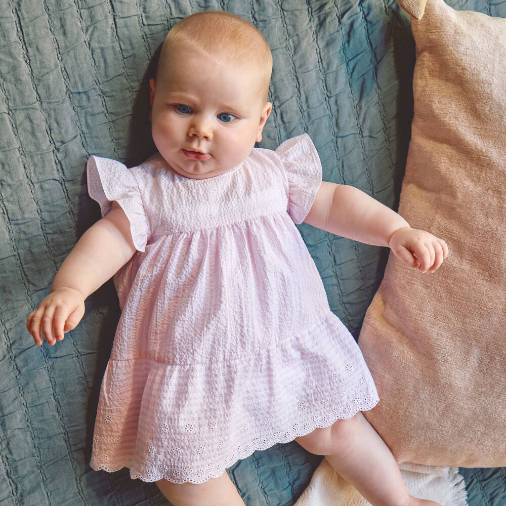 Laranjinha-Girls Pink Striped Seersucker Dress | Childrensalon