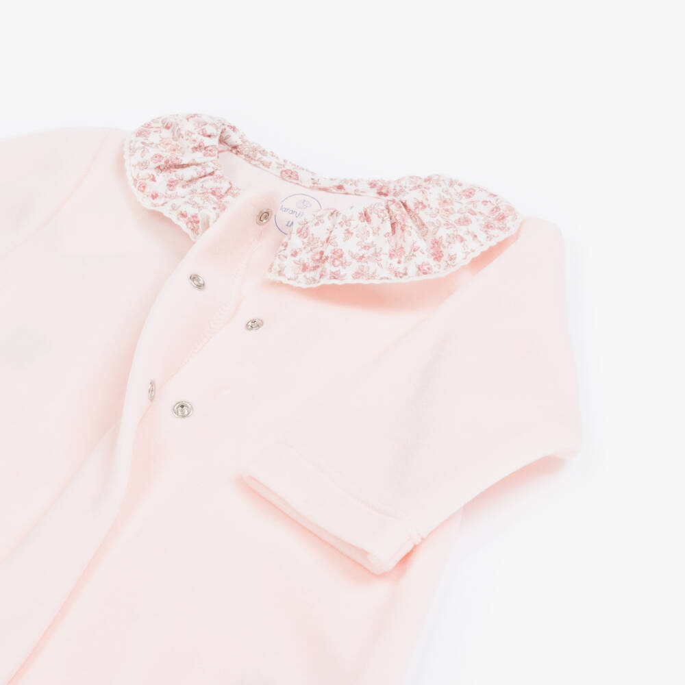 Laranjinha-Girls Pink Velour & Floral Collar Babygrow | Childrensalon