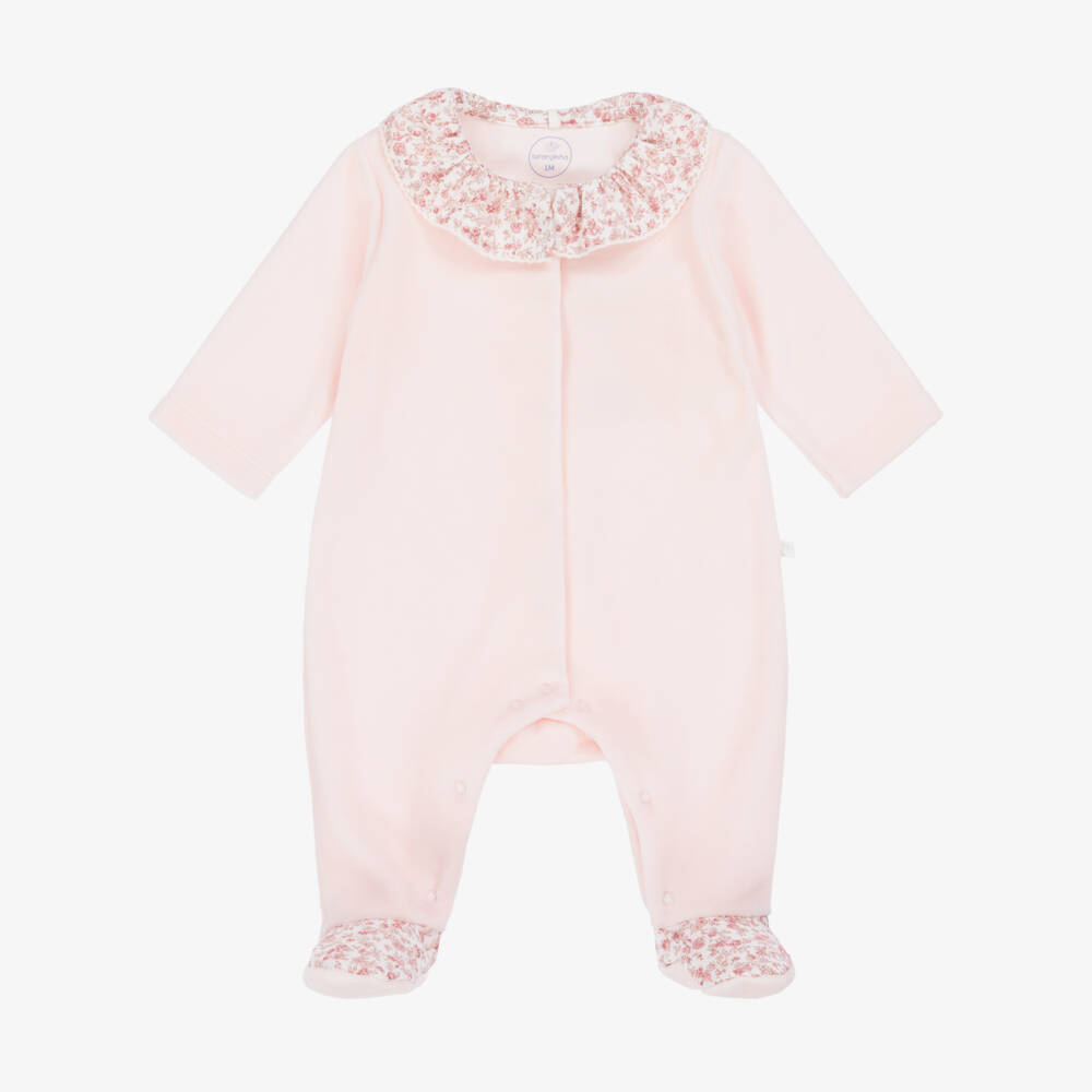 Laranjinha-Girls Pink Velour & Floral Collar Babygrow | Childrensalon
