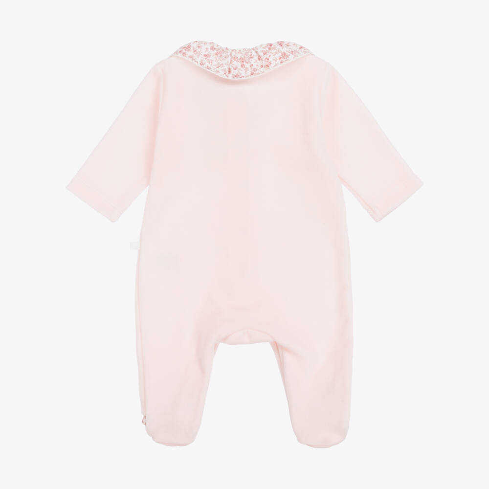Laranjinha-Girls Pink Velour & Floral Collar Babygrow | Childrensalon