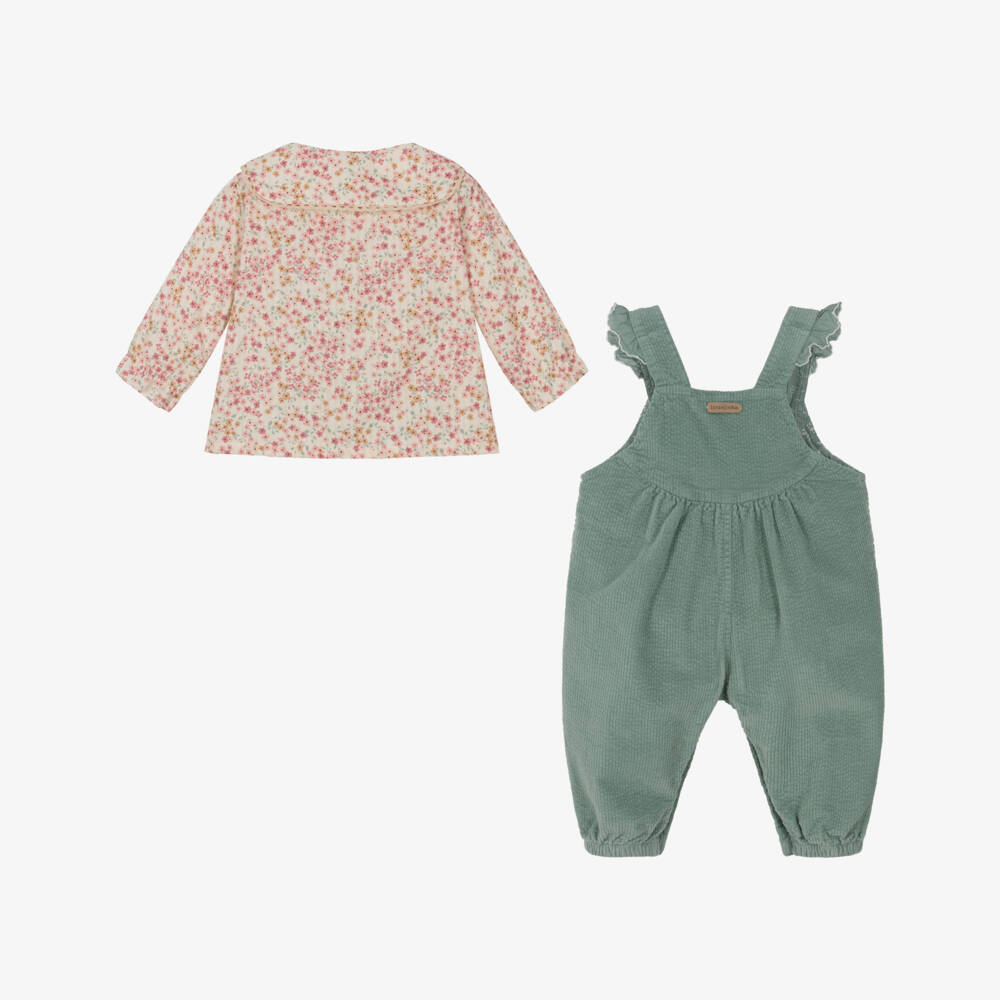 Laranjinha-Girls Sage Green & Ivory Cotton Dungarees Set | Childrensalon