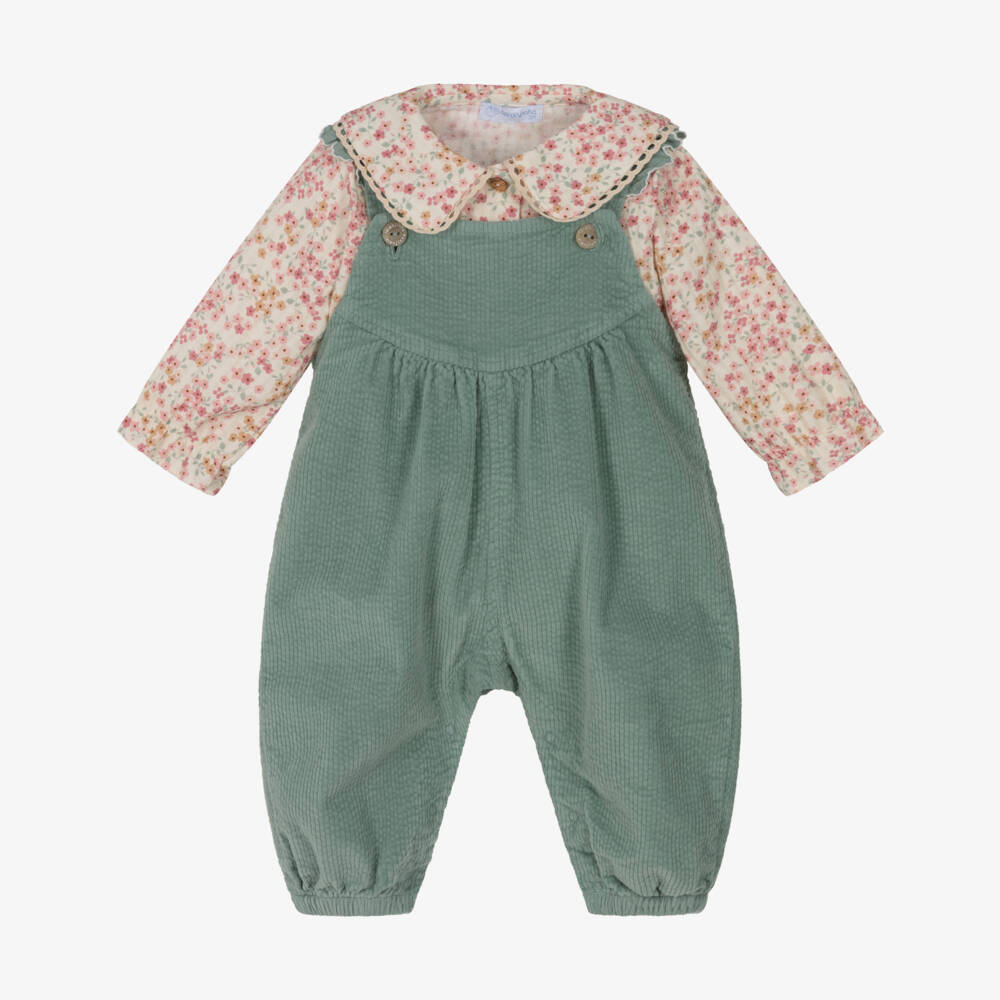 Laranjinha-Girls Sage Green & Ivory Cotton Dungarees Set | Childrensalon