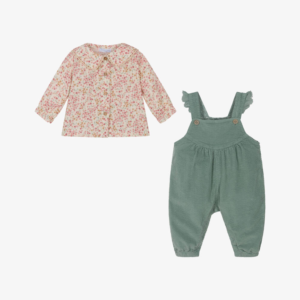 Laranjinha-Girls Sage Green & Ivory Cotton Dungarees Set | Childrensalon