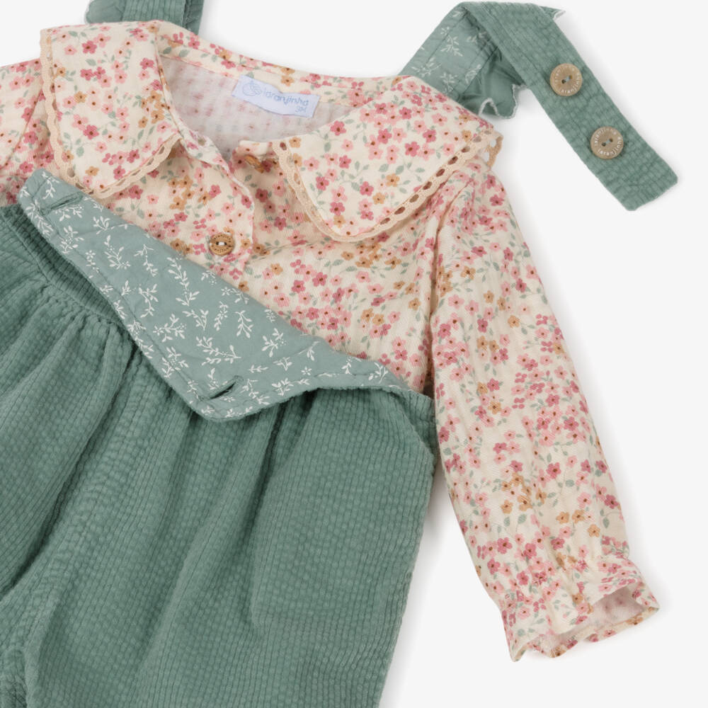 Laranjinha-Girls Sage Green & Ivory Cotton Dungarees Set | Childrensalon