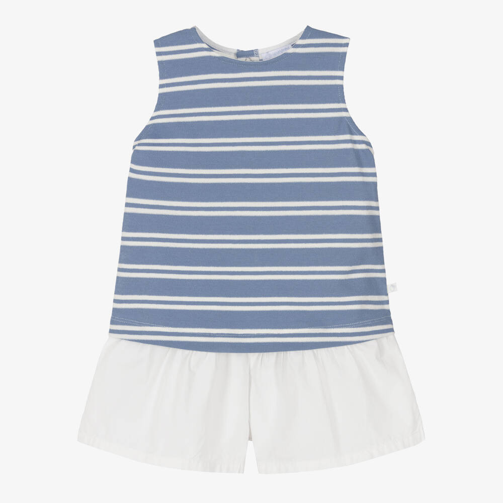 Laranjinha-Girls Striped Blue Top & White Shorts Set | Childrensalon