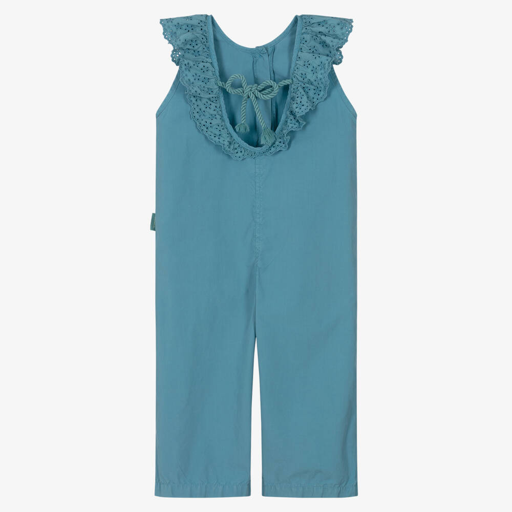 Laranjinha-Girls Teal Blue Cotton Jumpsuit | Childrensalon