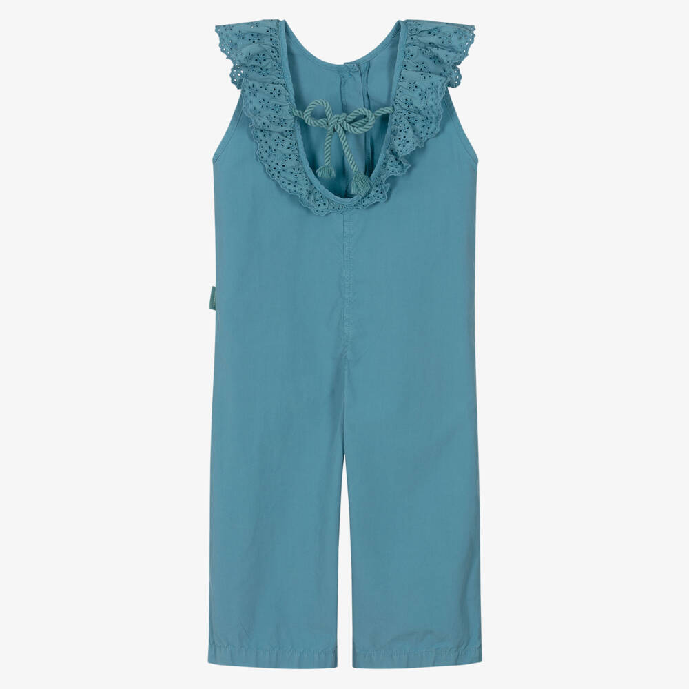 Laranjinha-Girls Teal Blue Cotton Jumpsuit | Childrensalon