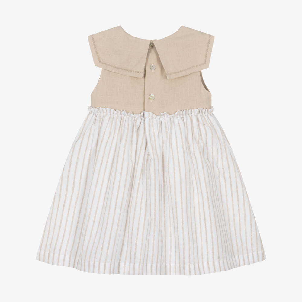 Laranjinha-Girls White & Beige Striped Dress | Childrensalon