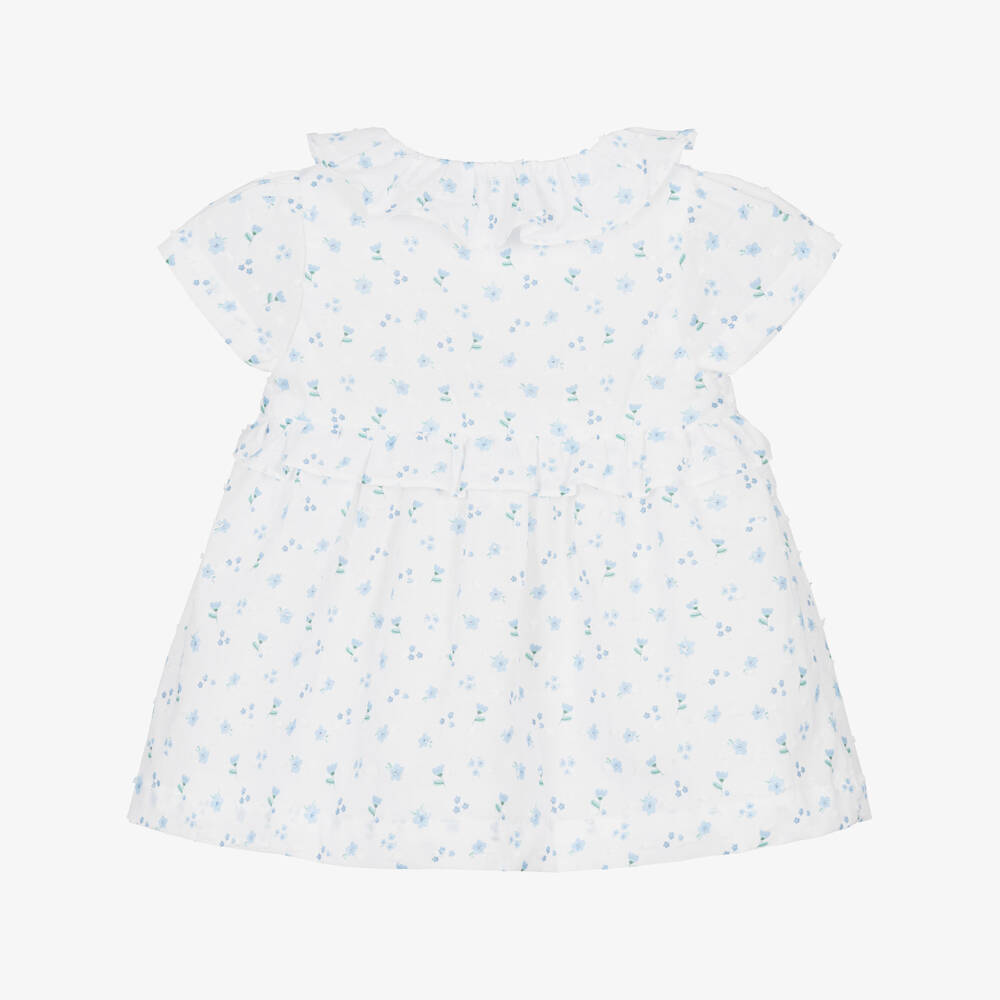 Laranjinha-Girls White & Blue Floral Plumetis Cotton Dress | Childrensalon
