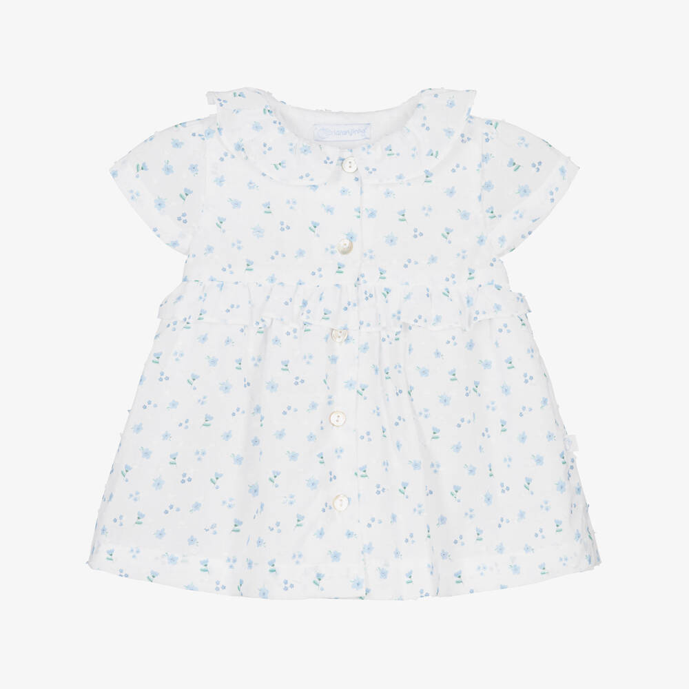 Laranjinha-Girls White & Blue Floral Plumetis Cotton Dress | Childrensalon