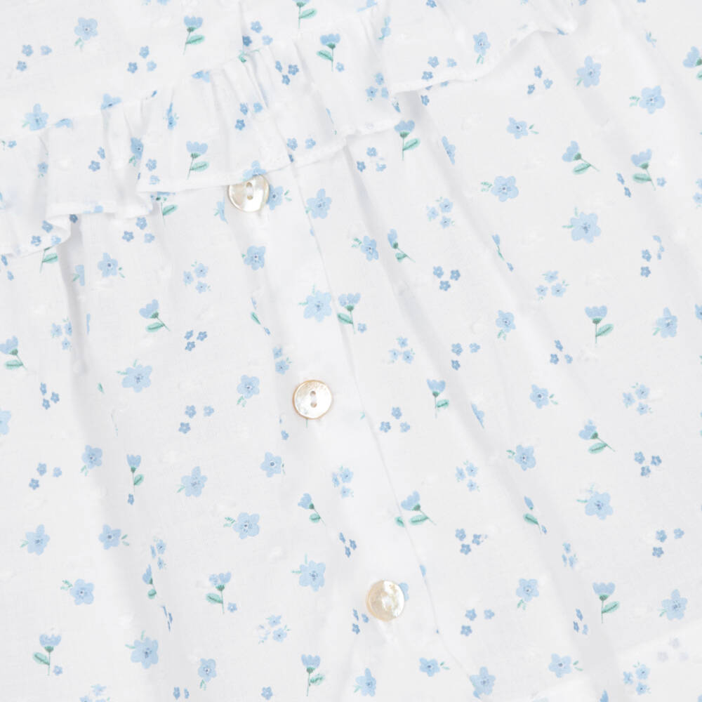 Laranjinha-Girls White & Blue Floral Plumetis Cotton Dress | Childrensalon