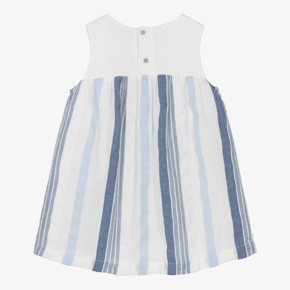 Laranjinha-Girls White & Blue Striped Cotton Dress with Tassel Bow | Childrensalon