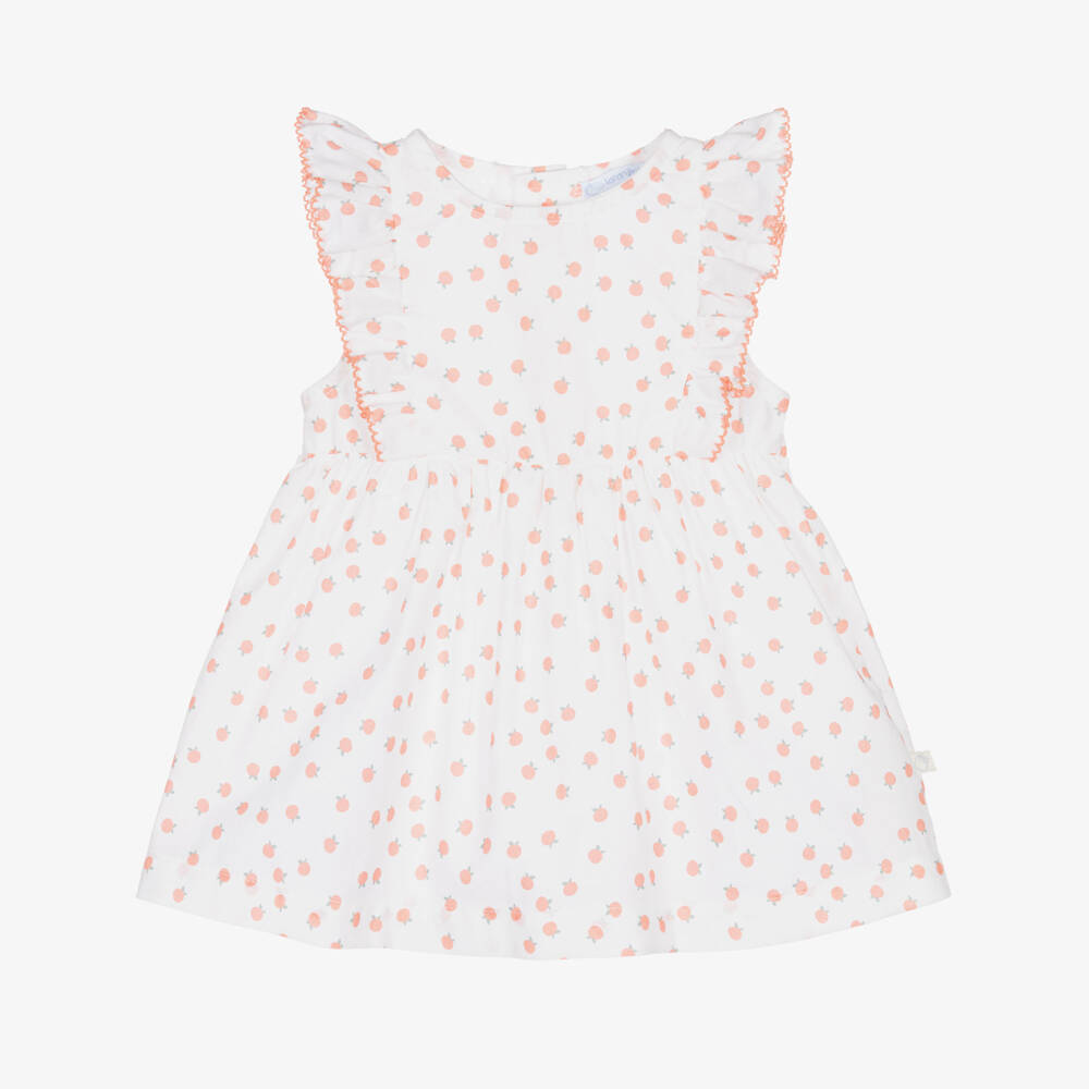 Laranjinha-Girls White & Coral Orange Print Ruffle Dress | Childrensalon
