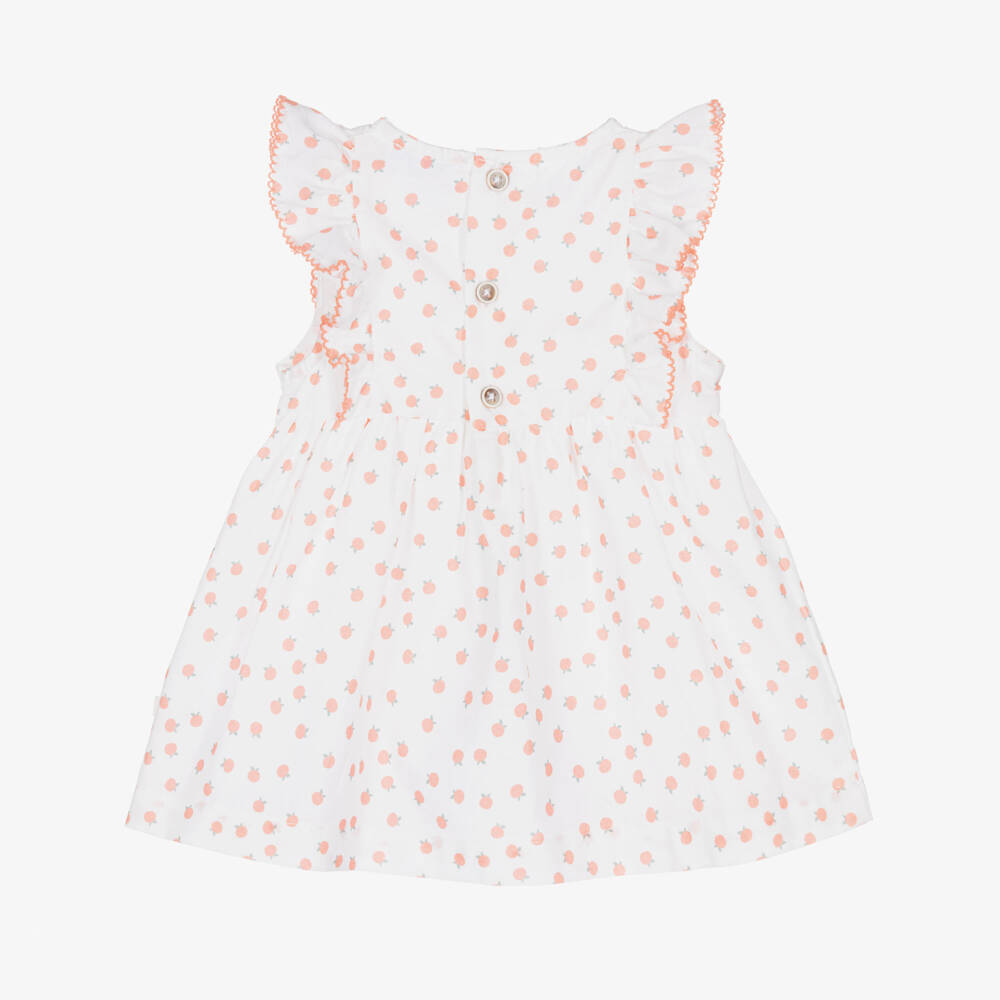 Laranjinha-Girls White & Coral Orange Print Ruffle Dress | Childrensalon