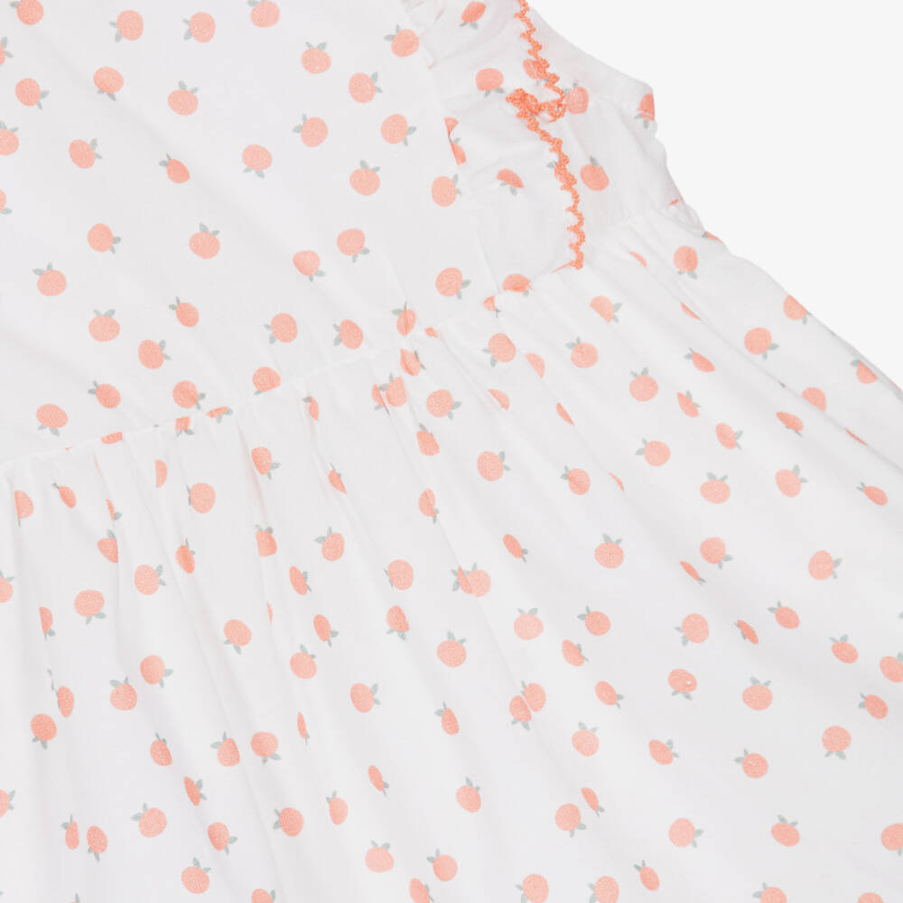 Laranjinha-Girls White & Coral Orange Print Ruffle Dress | Childrensalon
