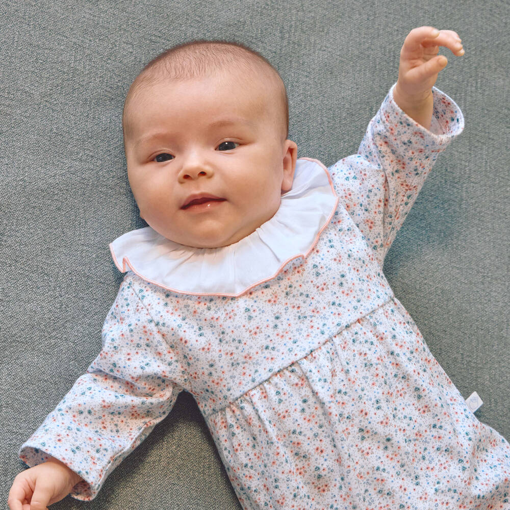 Laranjinha-Girls White Cotton Babygrow with Green & Pink Floral Print | Childrensalon