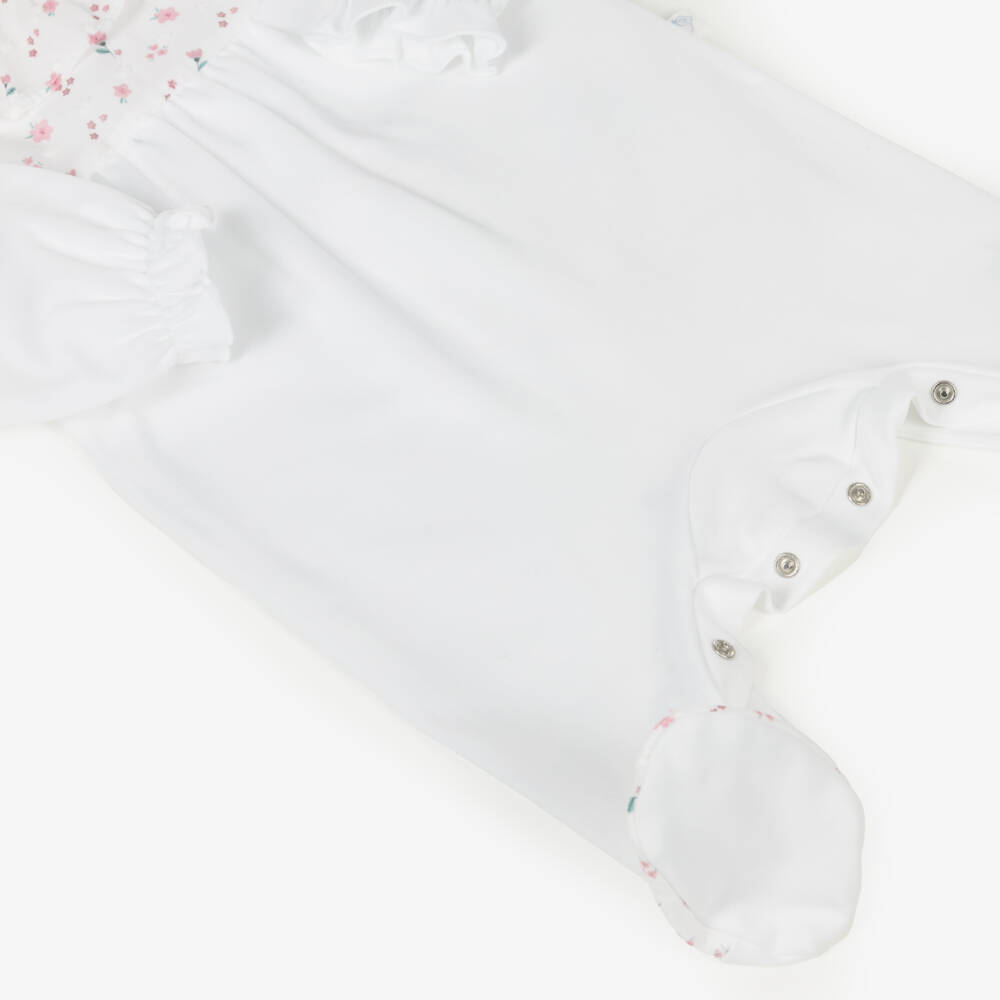 Laranjinha-Girls White Cotton Babygrow with Pink Floral Collar | Childrensalon
