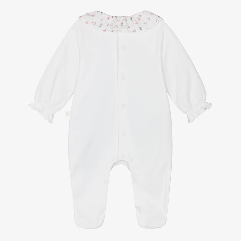 Laranjinha-Girls White Cotton Babygrow with Pink Floral Collar | Childrensalon