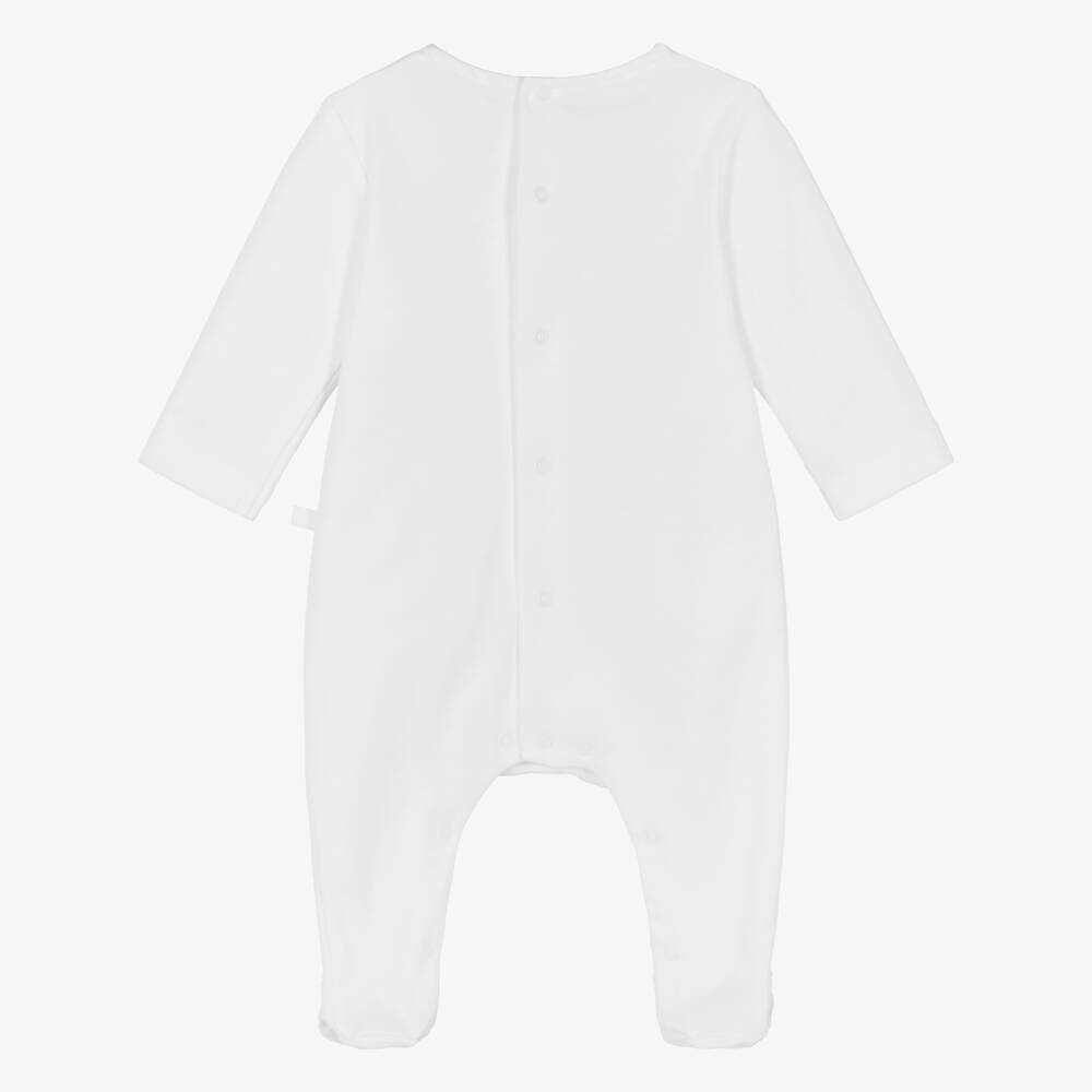 Laranjinha-Girls White Cotton Babygrow with Pink Seersucker Bib | Childrensalon