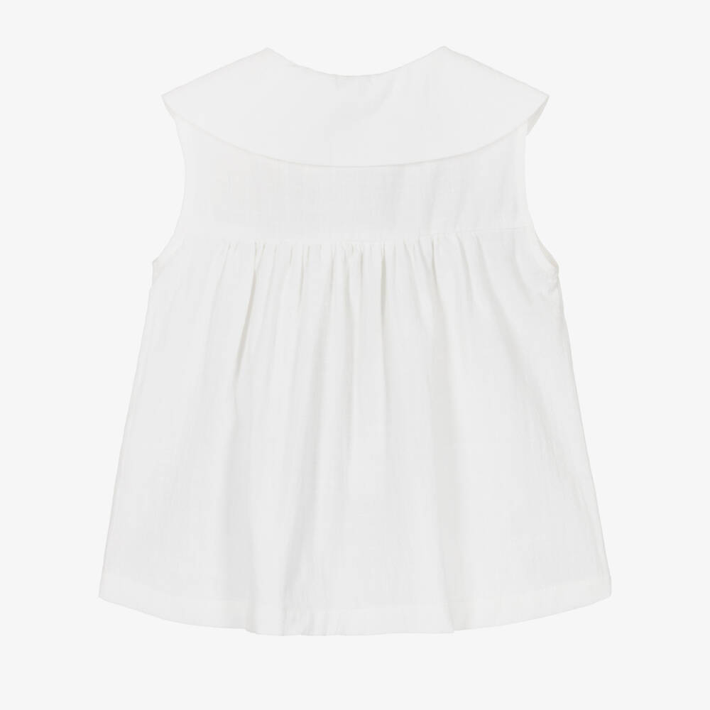 Laranjinha-Girls White Cotton Blouse with Embroidered Collar | Childrensalon