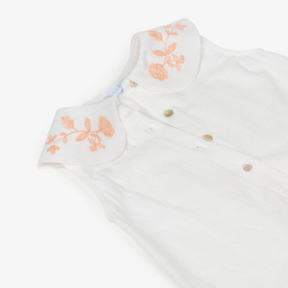 Laranjinha-Girls White Cotton Blouse with Embroidered Collar | Childrensalon