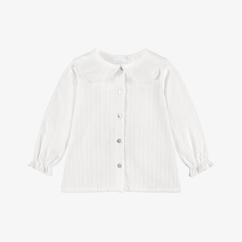 Laranjinha-Girls White Cotton Blouse with Scalloped Collar | Childrensalon