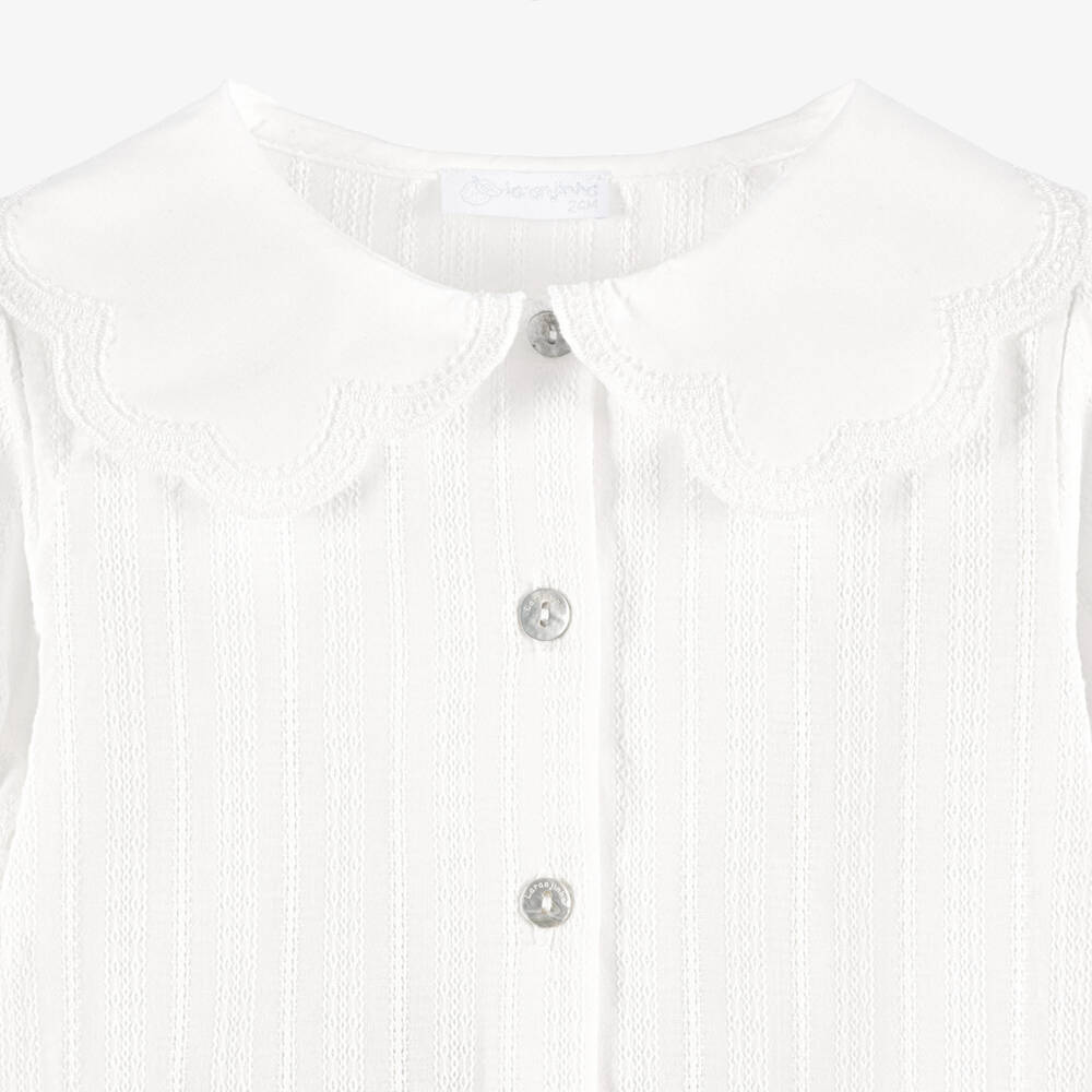 Laranjinha-Girls White Cotton Blouse with Scalloped Collar | Childrensalon