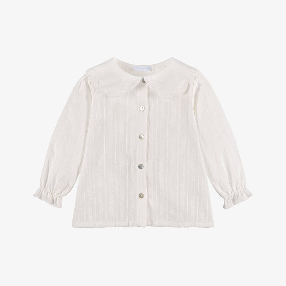 Laranjinha-Girls White Cotton Blouse with Scalloped Collar | Childrensalon