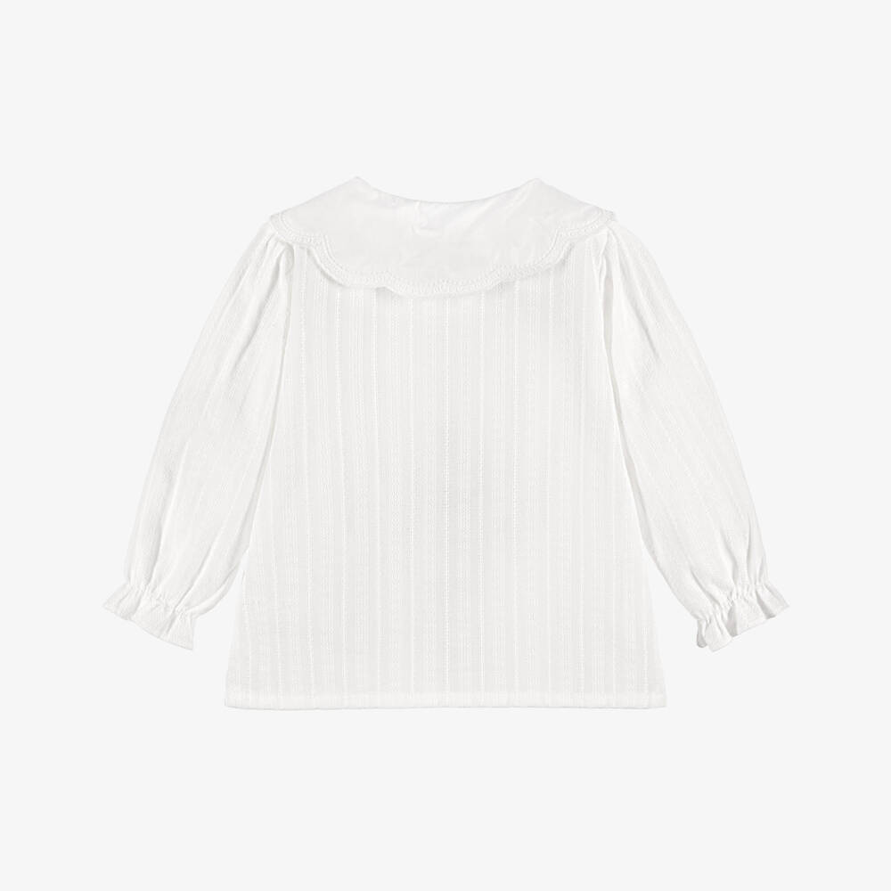 Laranjinha-Girls White Cotton Blouse with Scalloped Collar | Childrensalon