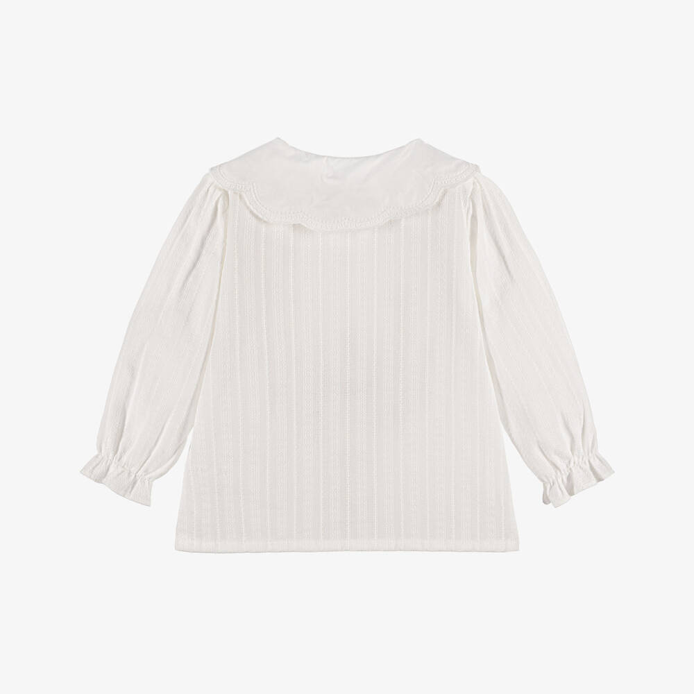 Laranjinha-Girls White Cotton Blouse with Scalloped Collar | Childrensalon