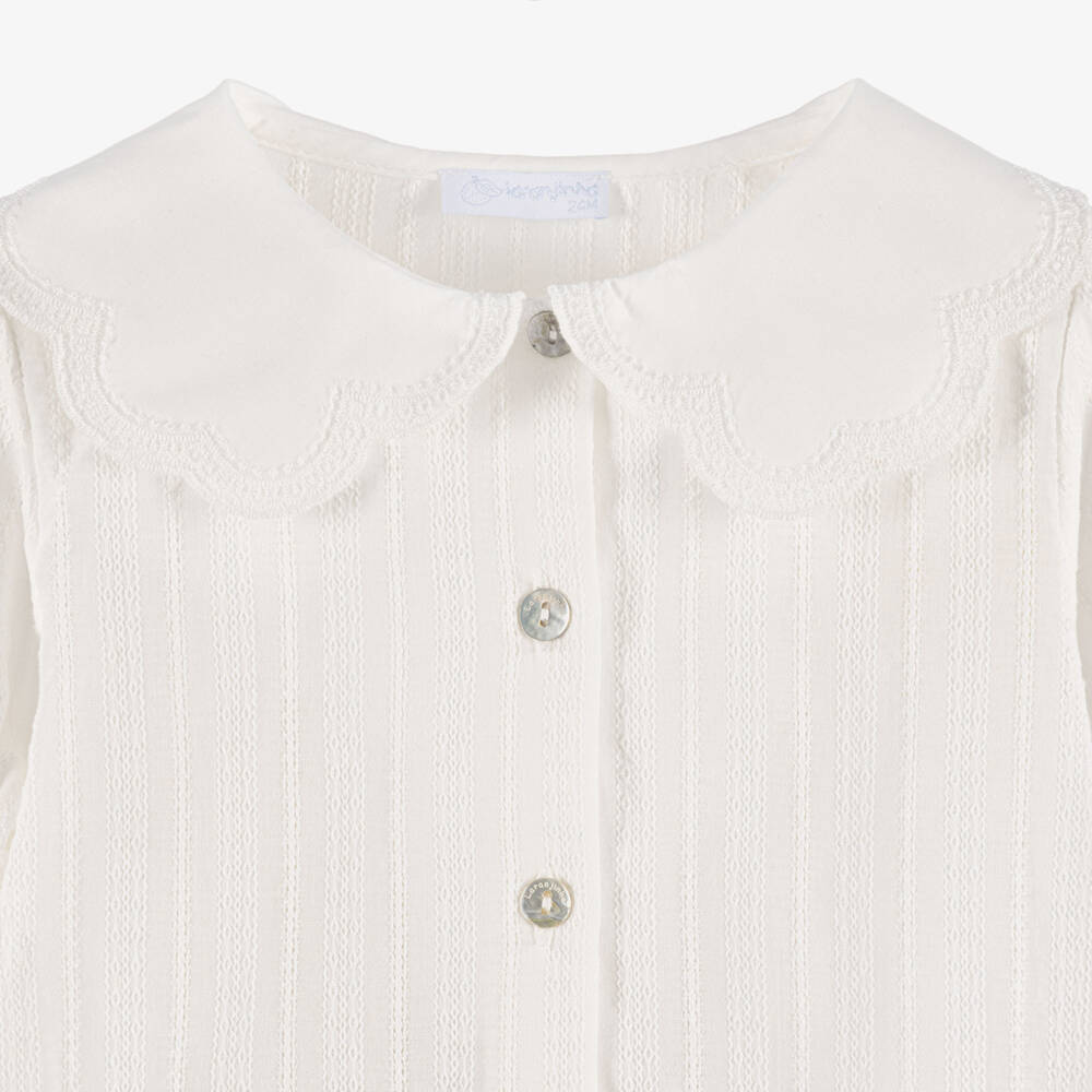 Laranjinha-Girls White Cotton Blouse with Scalloped Collar | Childrensalon