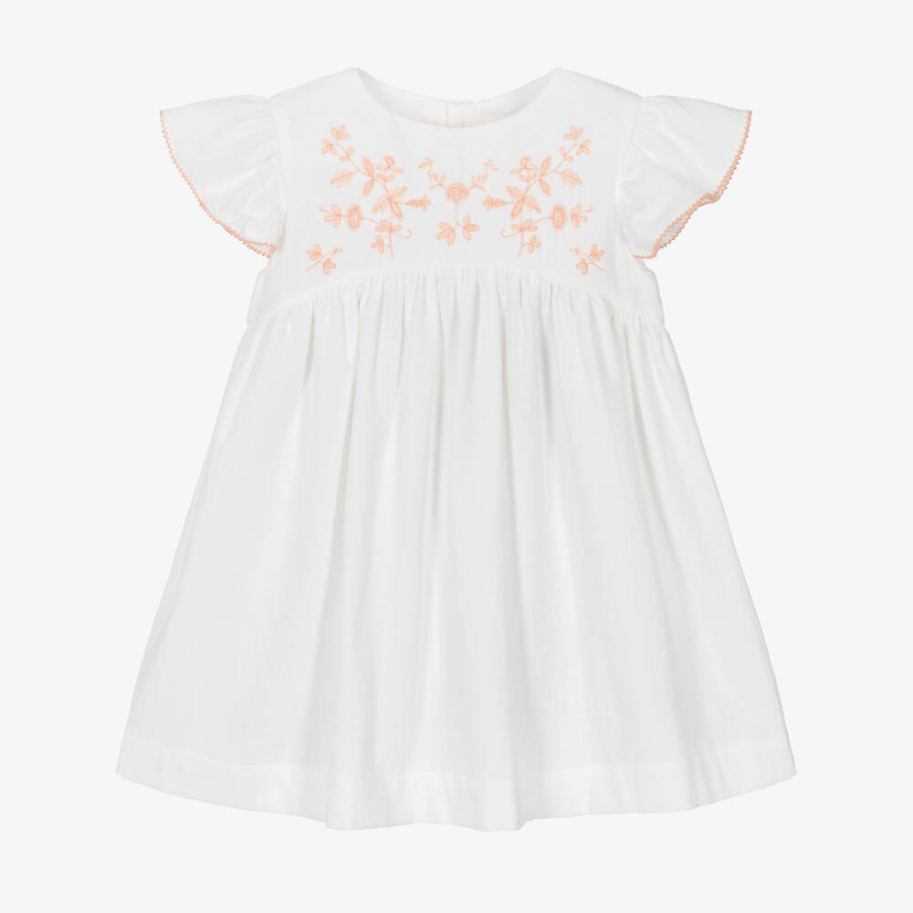 Laranjinha-Girls White Cotton Dress with Orange Floral Embroidery | Childrensalon