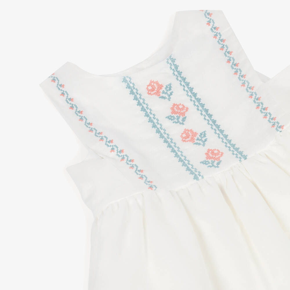 Laranjinha-Girls White Embroidered Cotton & Linen Dress | Childrensalon
