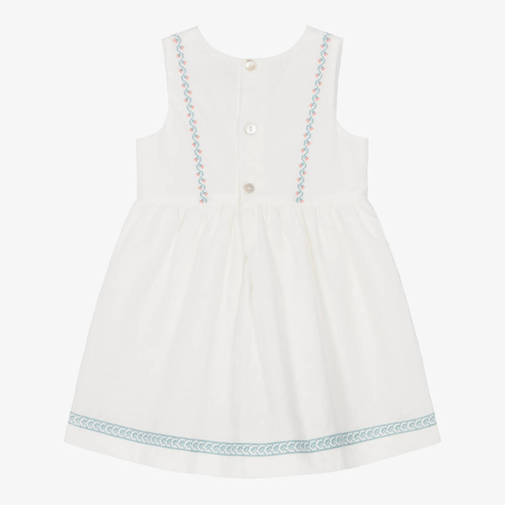Laranjinha-Girls White Embroidered Cotton & Linen Dress | Childrensalon