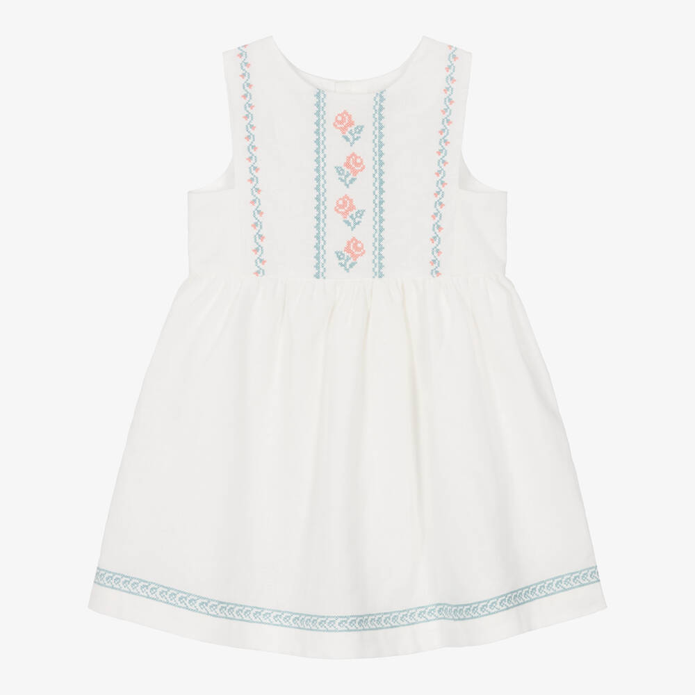Laranjinha-Girls White Embroidered Cotton & Linen Dress | Childrensalon