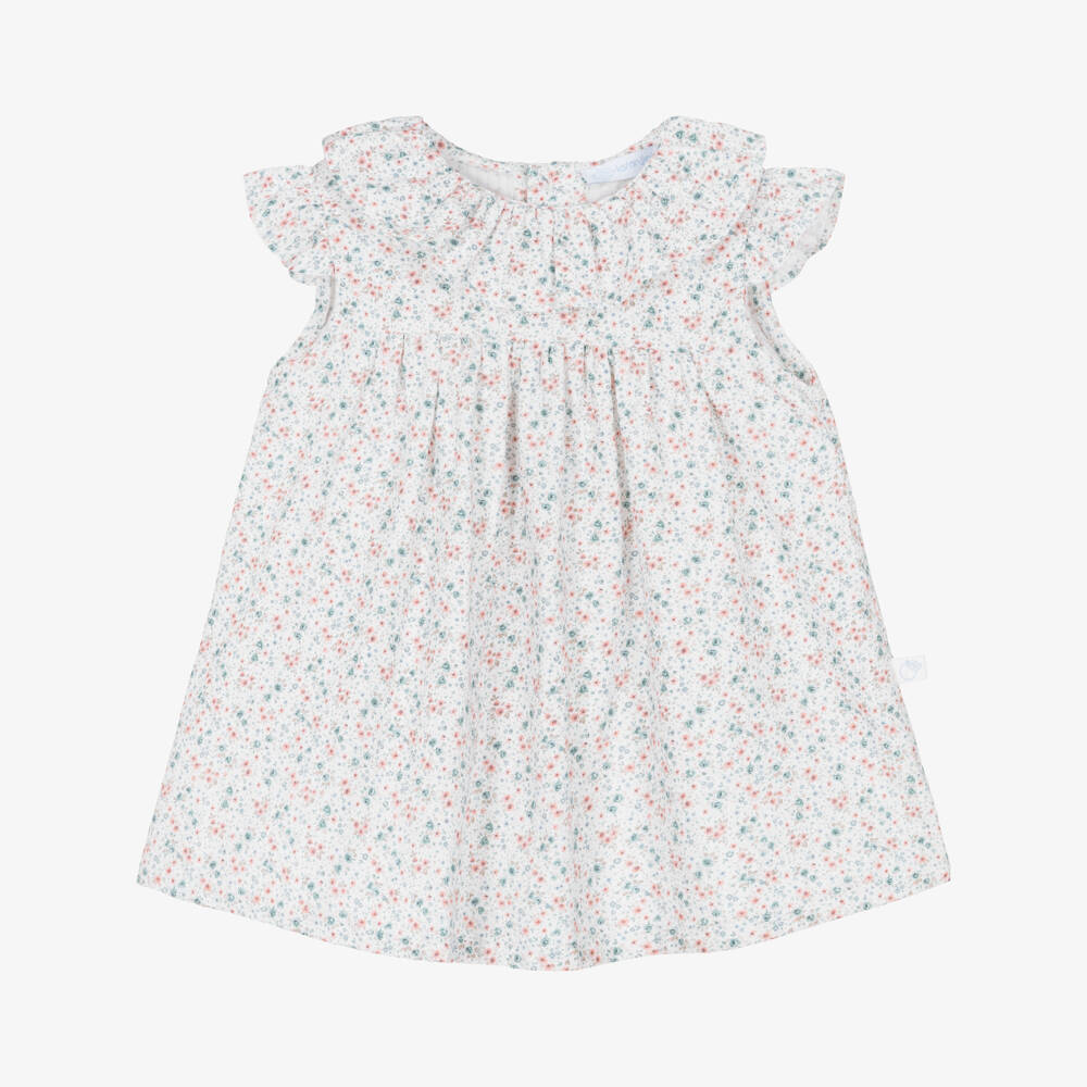 Laranjinha-Girls White Floral Print Cotton Dress | Childrensalon