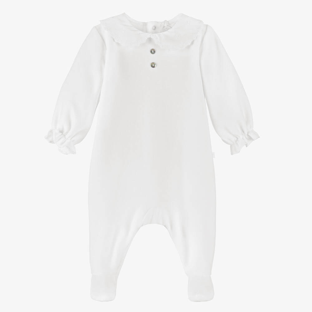 Laranjinha-Girls White Velour Babygrow with Embroidered Collar | Childrensalon
