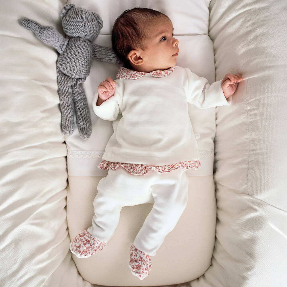 Laranjinha-Girls White Velour & Floral Trim Babygrow | Childrensalon