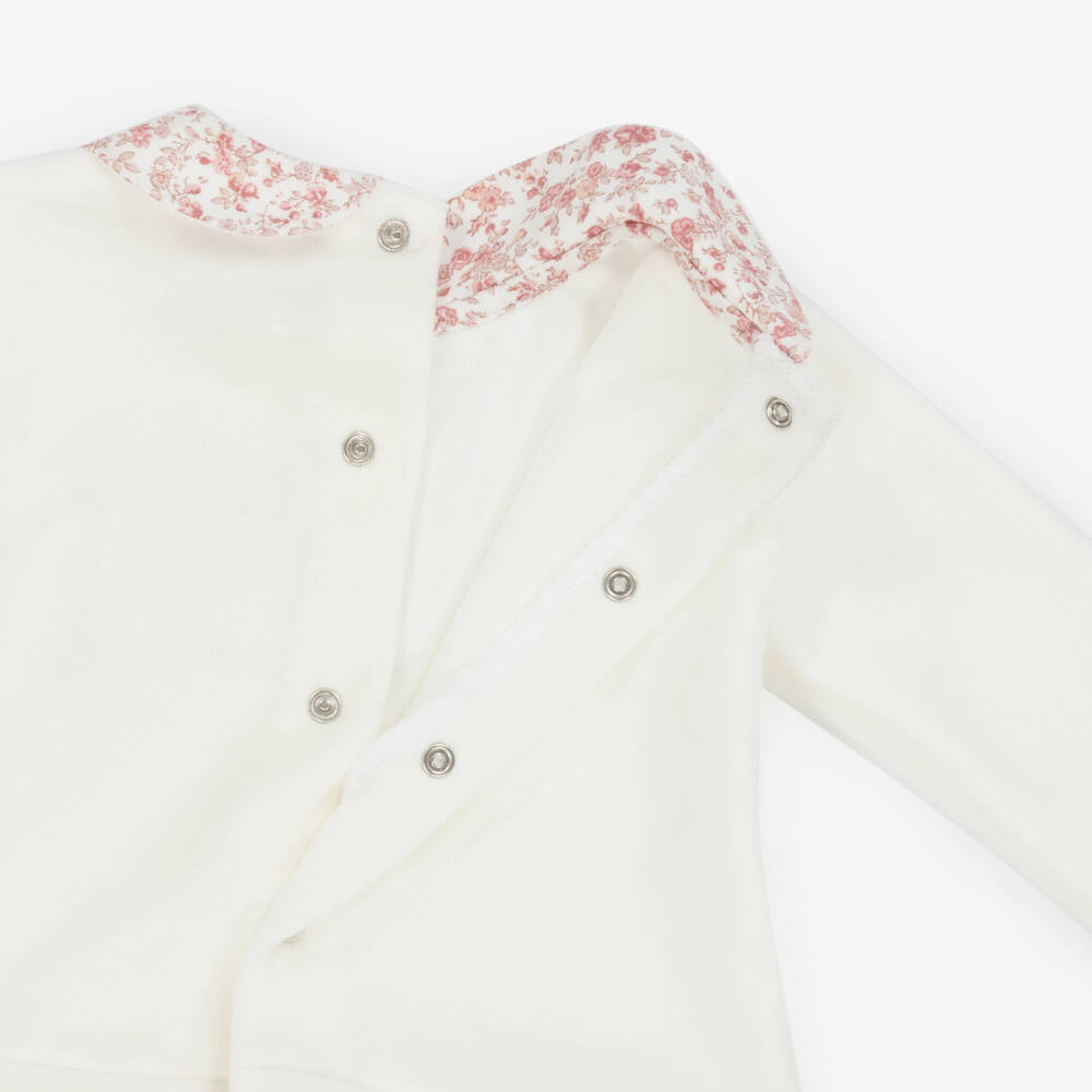 Laranjinha-Girls White Velour & Floral Trim Babygrow | Childrensalon