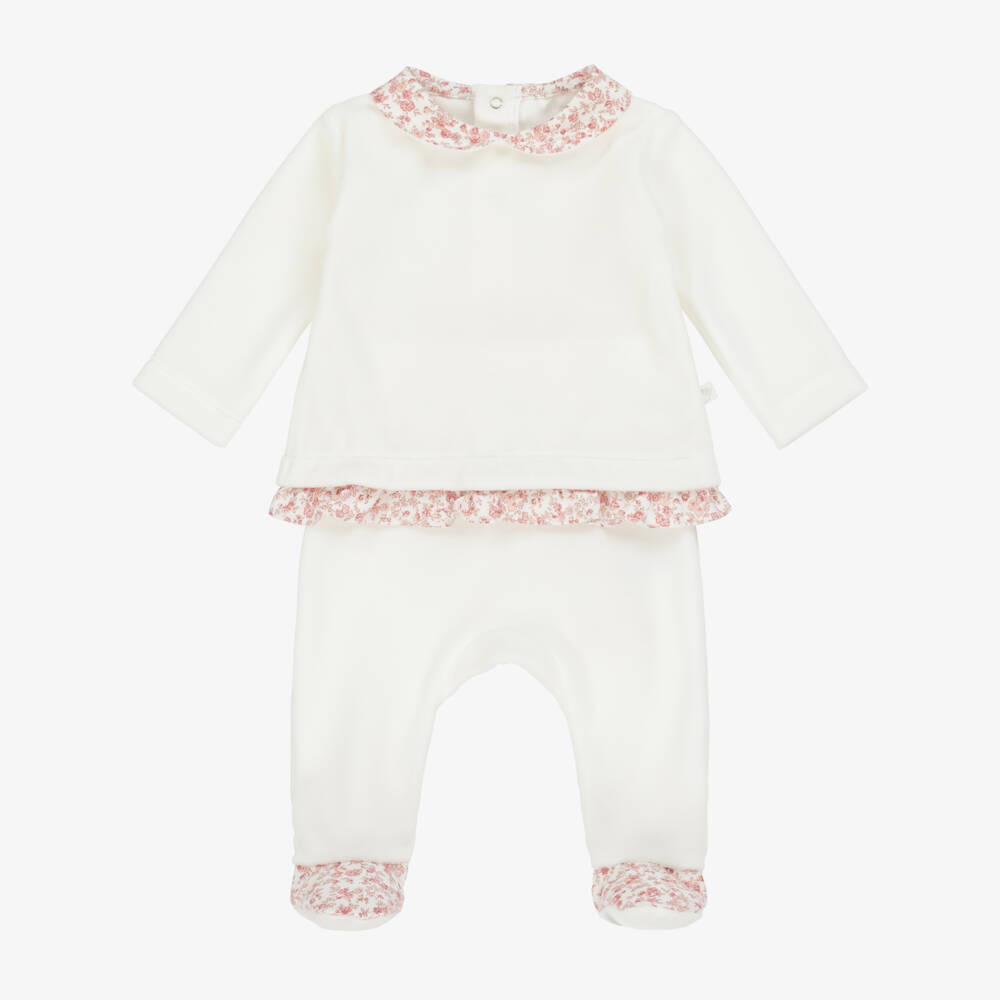 Laranjinha-Girls White Velour & Floral Trim Babygrow | Childrensalon