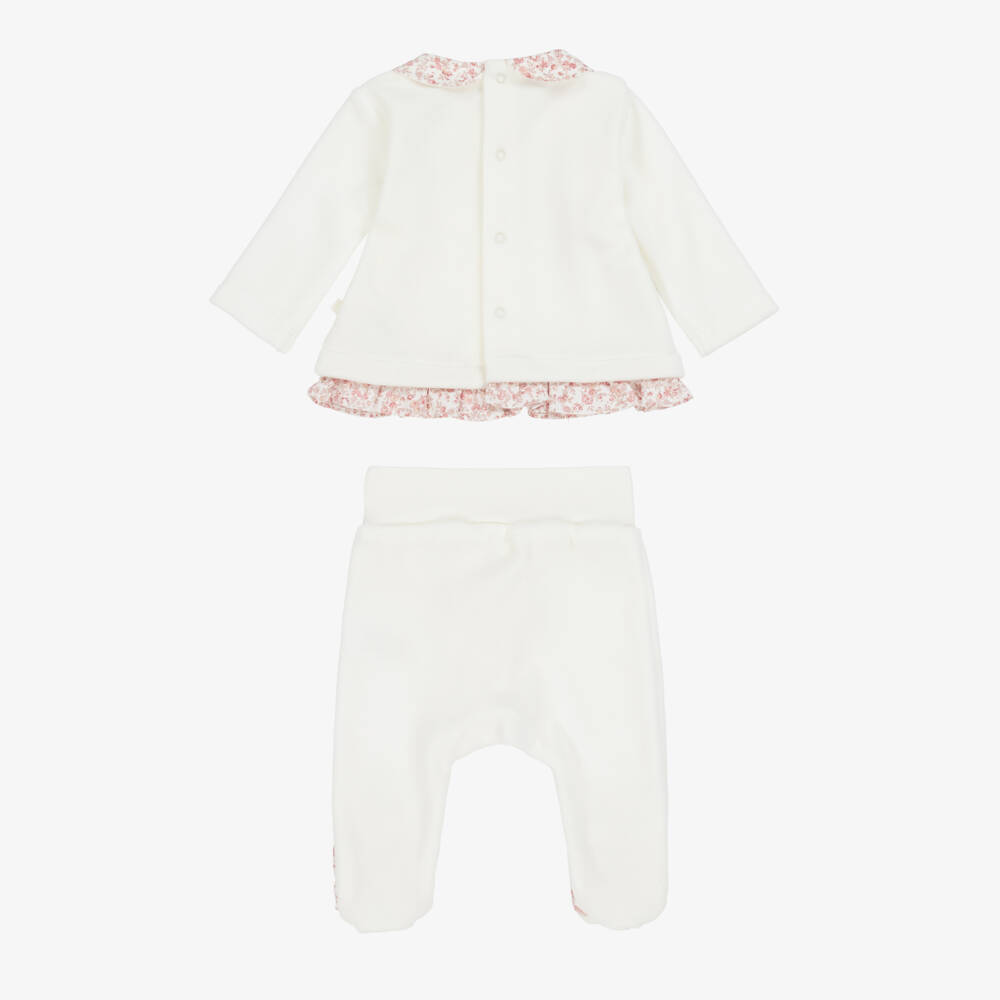 Laranjinha-Girls White Velour & Floral Trim Babygrow | Childrensalon