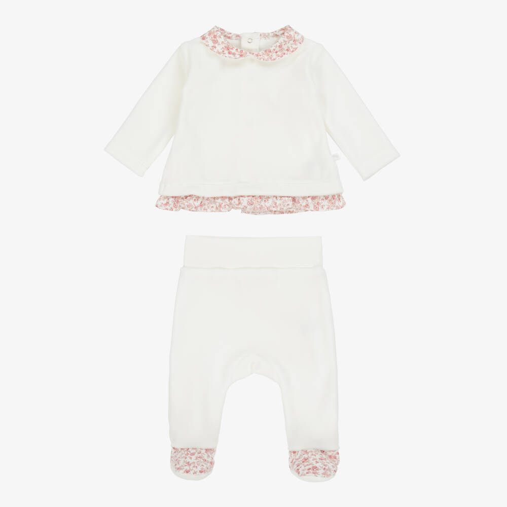 Laranjinha-Girls White Velour & Floral Trim Babygrow | Childrensalon