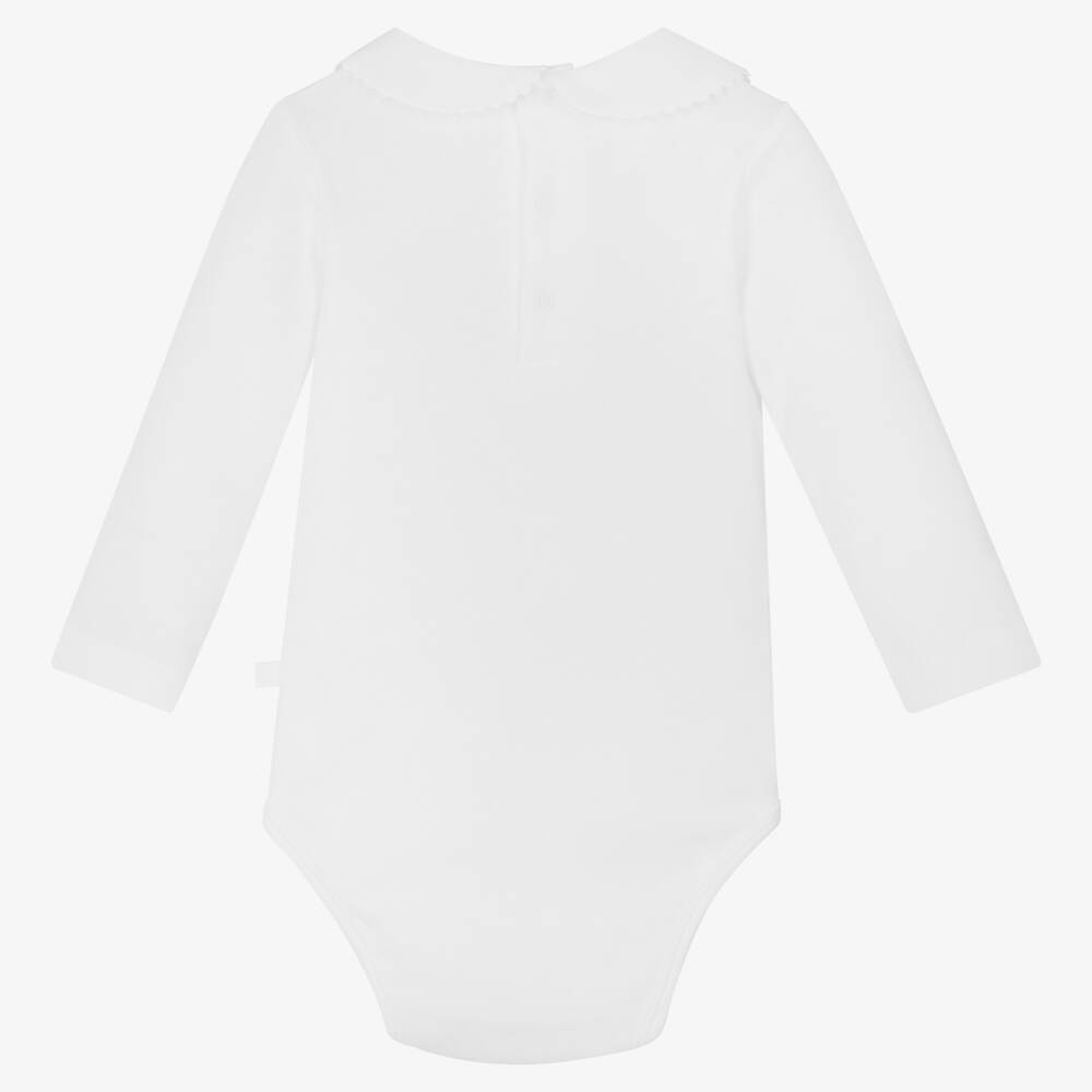 Laranjinha-White Cotton Bodysuit With Ric Rac Trim Collar | Childrensalon