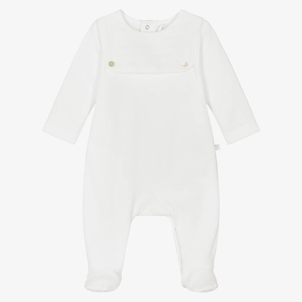 Laranjinha-White Cotton Jersey Babygrow with Contrast Bib | Childrensalon