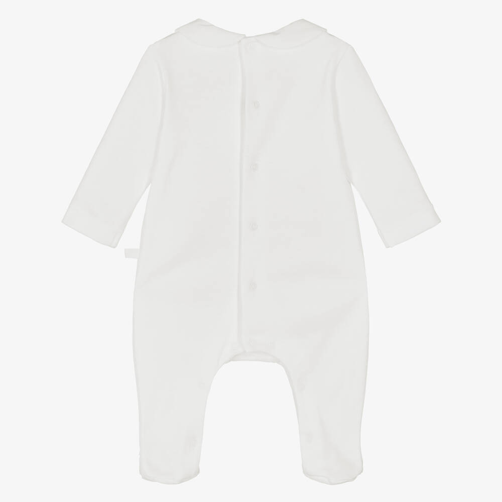Laranjinha-White Cotton Jersey Babygrow with Pintuck Bib | Childrensalon